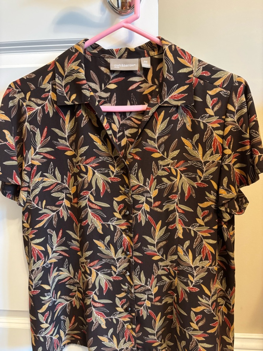 Brown blouse with multicolored leaf pattern